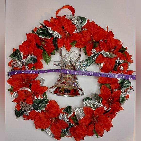 "Silver Bells" Handmade Floral Christmas Wreath Red and Silver 18x18 - Picture 5 of 5